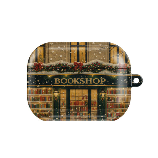 Christmas Bookshop AirPods case — festive bookish, closed front view