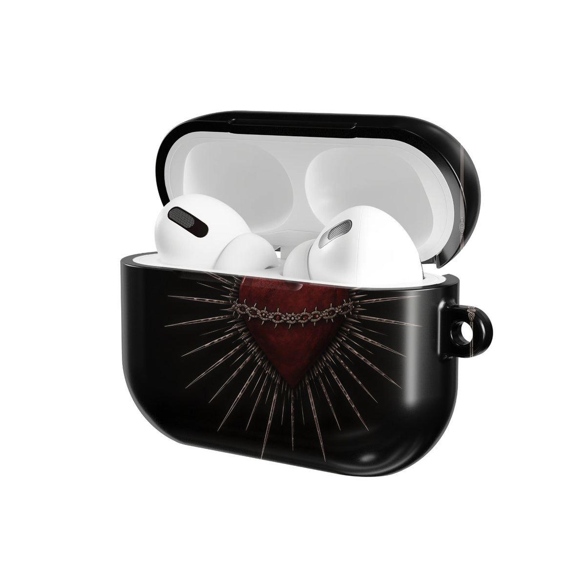 Sacred Heart AirPods case — open angled view