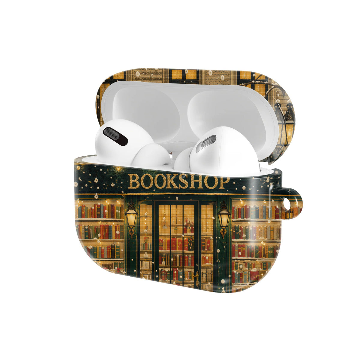 Christmas Bookshop AirPods case — open angled view