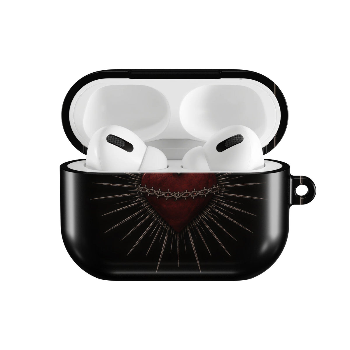 Sacred Heart AirPods case — open front view