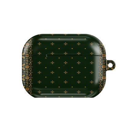 Gilded Antique Binding AirPods case — vintage bookish, closed front view