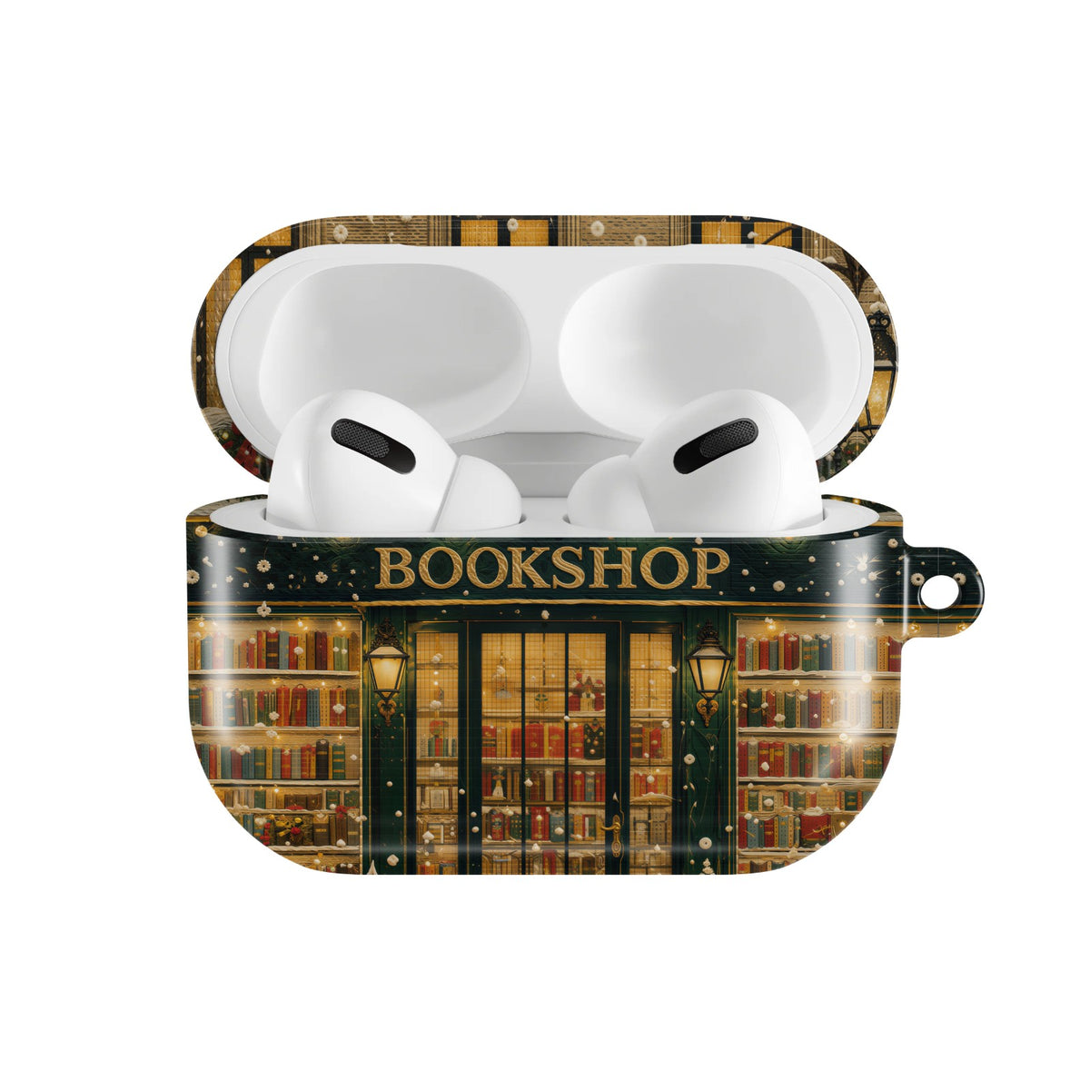 Christmas Bookshop AirPods case — open front view