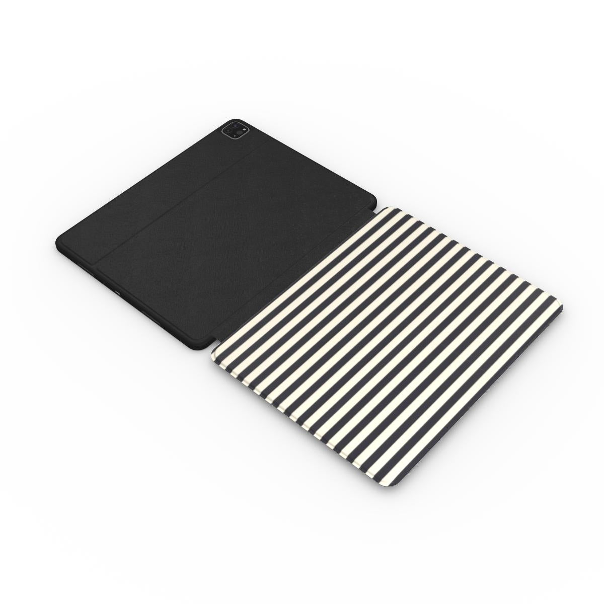Black & Cream Stripe iPad case opened flat — printed front cover with plain black interior