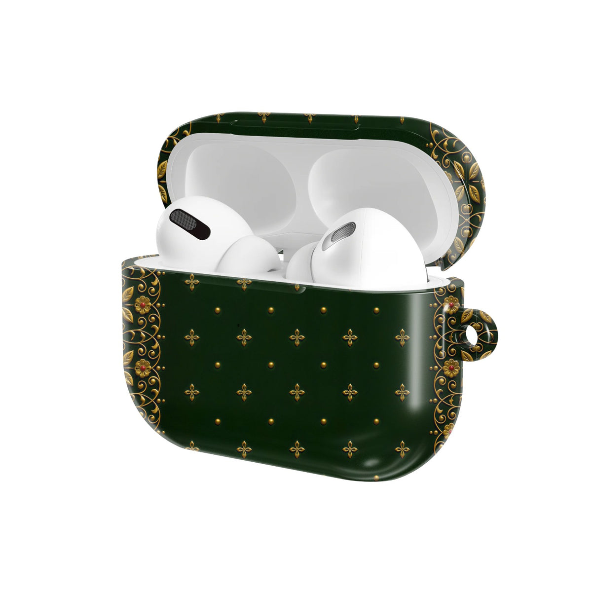Gilded Antique Binding AirPods case — open angled view