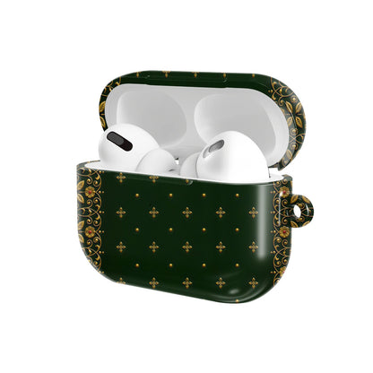 Gilded Antique Binding AirPods case — open angled view