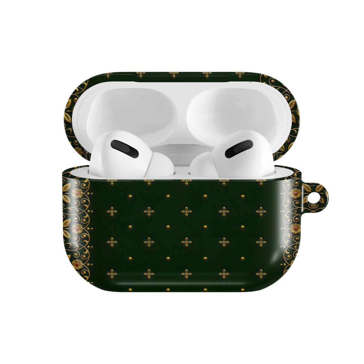 Gilded Antique Binding AirPods case — open front view