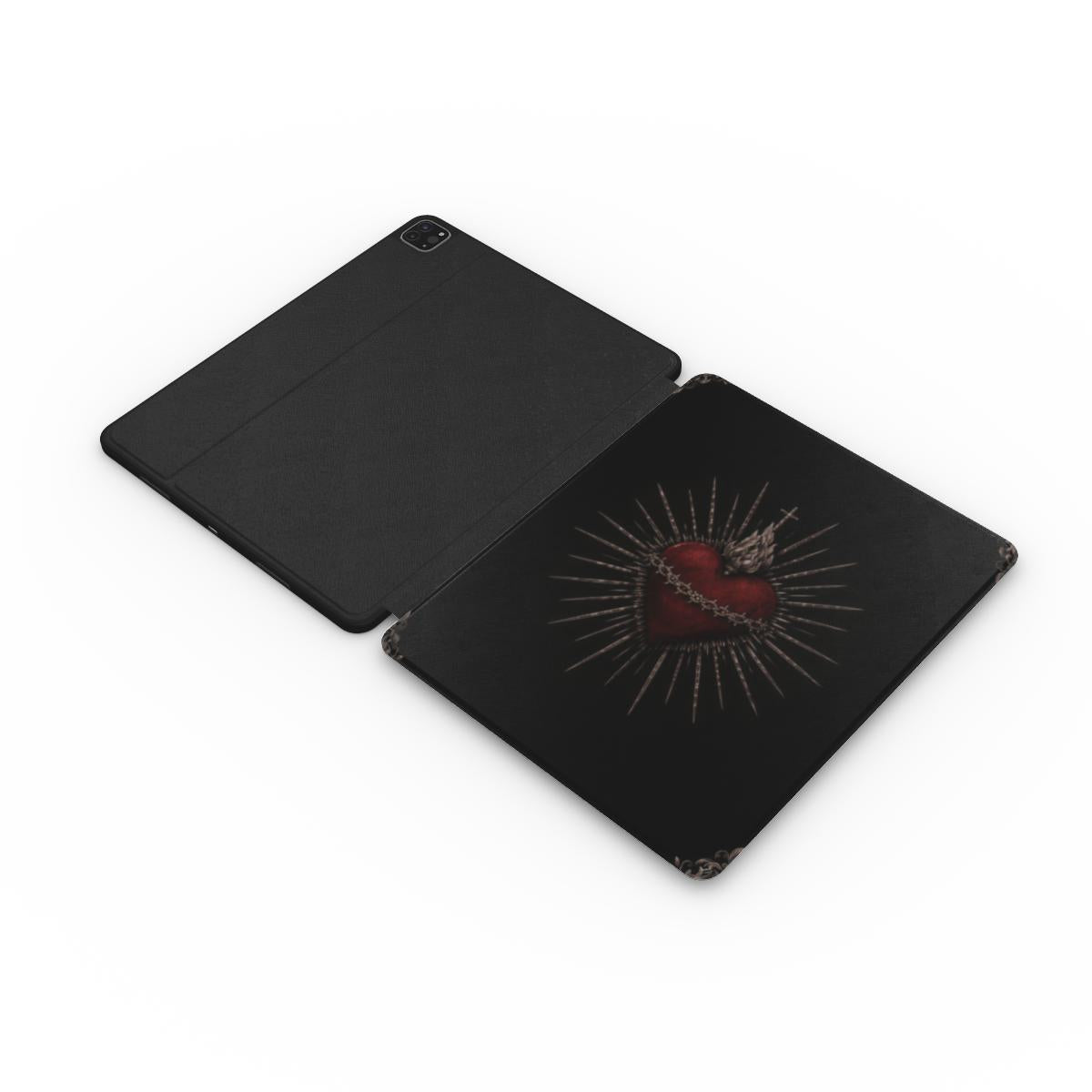 Sacred Heart iPad case opened flat — printed front cover with plain black interior
