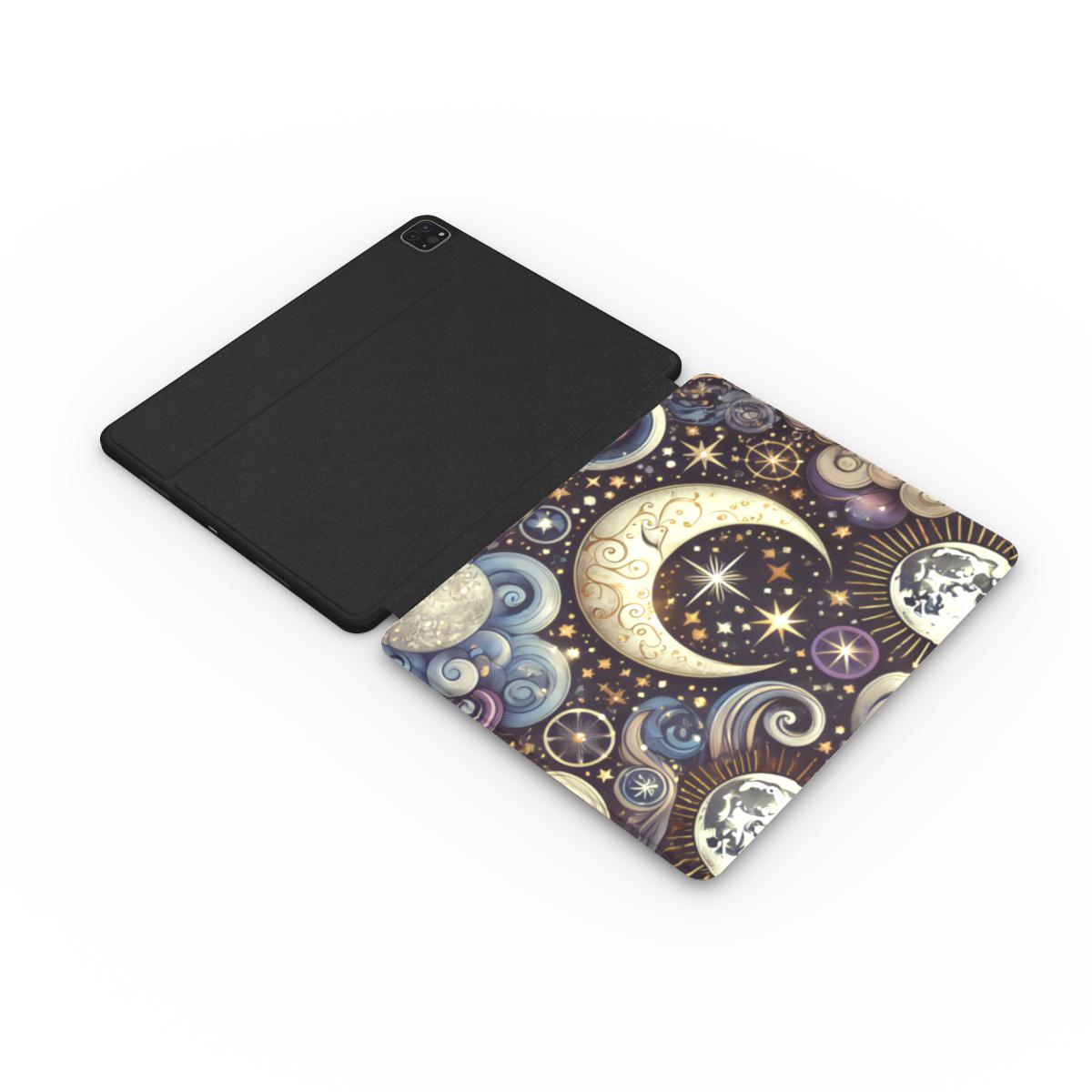 Ornate Crescent Moon iPad case opened flat — printed front cover with plain black interior