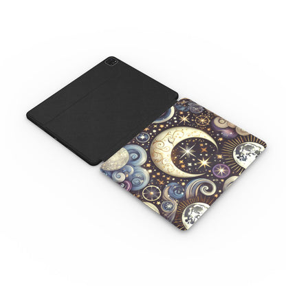 Ornate Crescent Moon iPad case opened flat — printed front cover with plain black interior