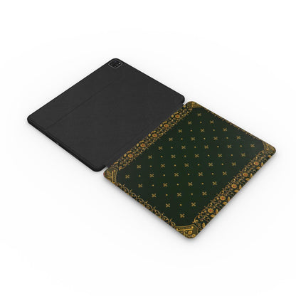 Gilded Antique Binding iPad case opened flat — printed front cover with plain black interior