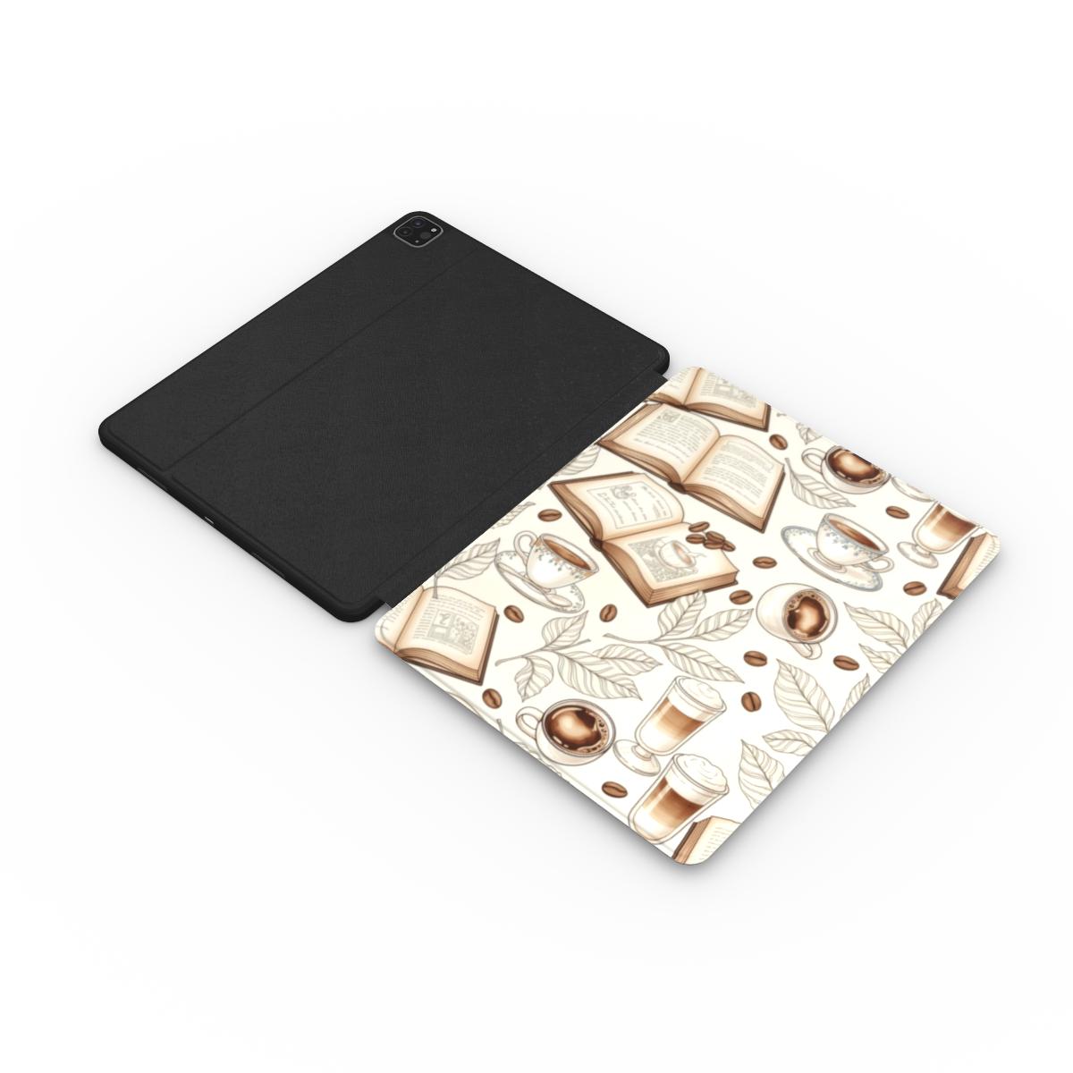 Books & Coffee iPad case opened flat — printed front cover with plain black interior