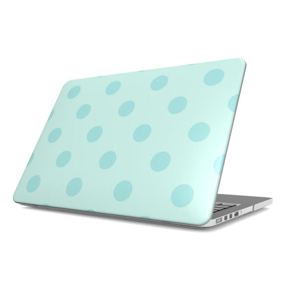 Mint Polka Dot MacBook case — mint dot, hard-shell laptop cover, angled lid view