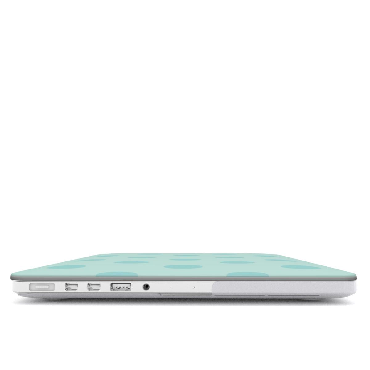 Mint Polka Dot MacBook case — hard-shell laptop cover, side view with ports