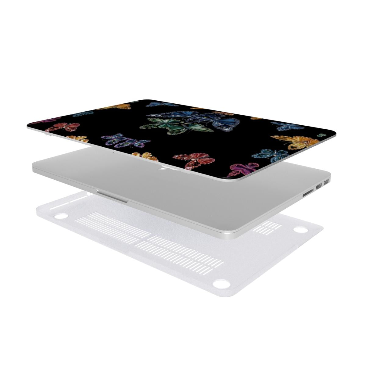 Jeweled Butterfly MacBook case — hard-shell laptop cover, side view with ports