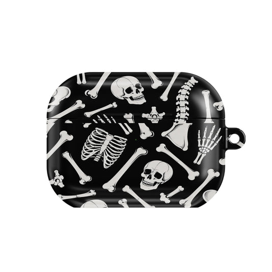 Skeleton Bones AirPods case — gothic anatomy folio, closed front view