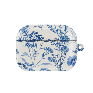 Blue Wildflower AirPods case — blue botanical, closed front view