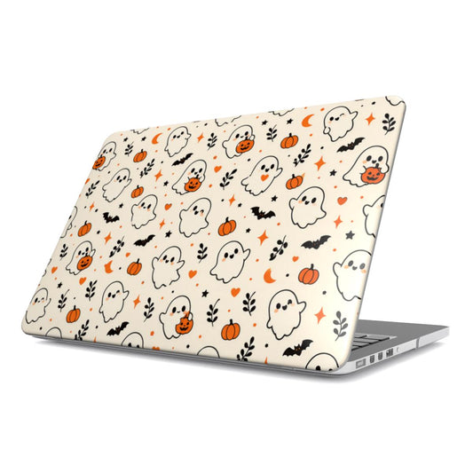 Cute Ghost MacBook case — cozy halloween folio, hard-shell laptop cover, angled lid view
