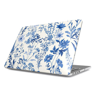 Blue Wildflower MacBook case — blue botanical, hard-shell laptop cover, angled lid view