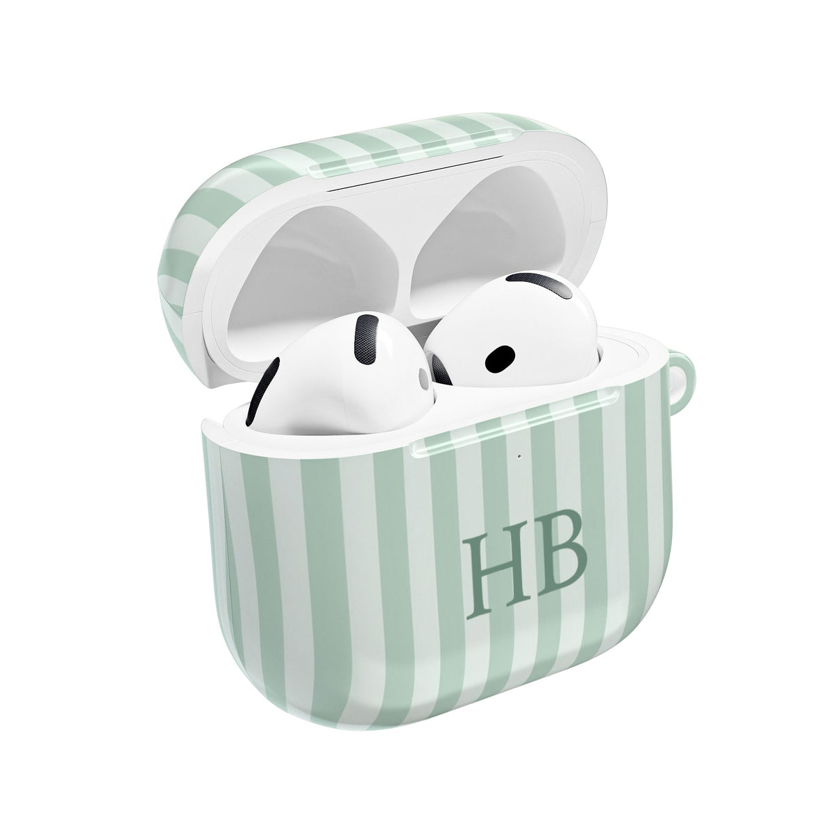 Personalized sage green stripe AirPods case open with AirPods inside