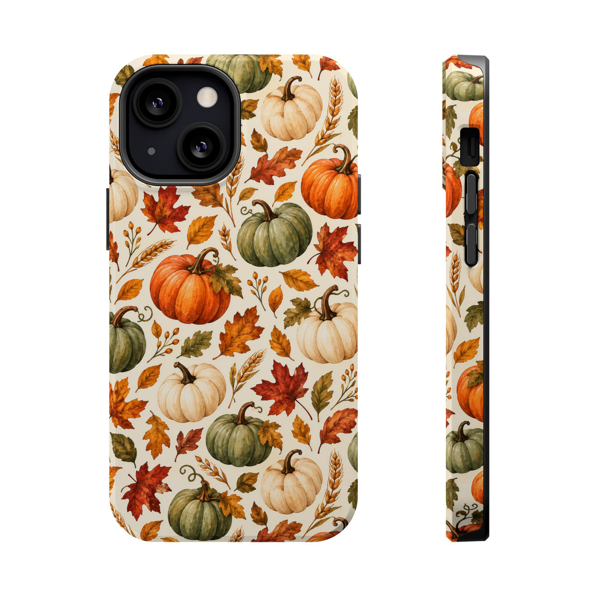 Close-up of watercolor pumpkins and oak leaves on a Case Noir phone case
