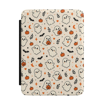 Cute ghost Kindle case — cream vegan leather with rosy-cheeked ghosts, pumpkins and bats