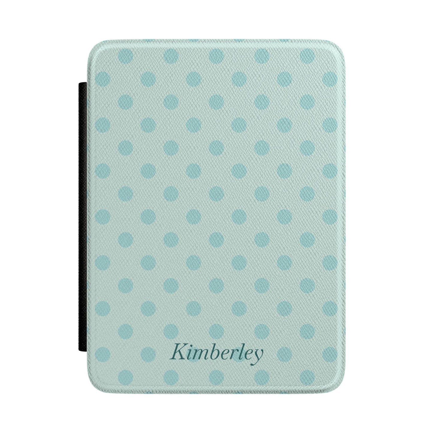 Personalized blue polka dot Kindle case with debossed name — Quiet Bookish custom gift for her