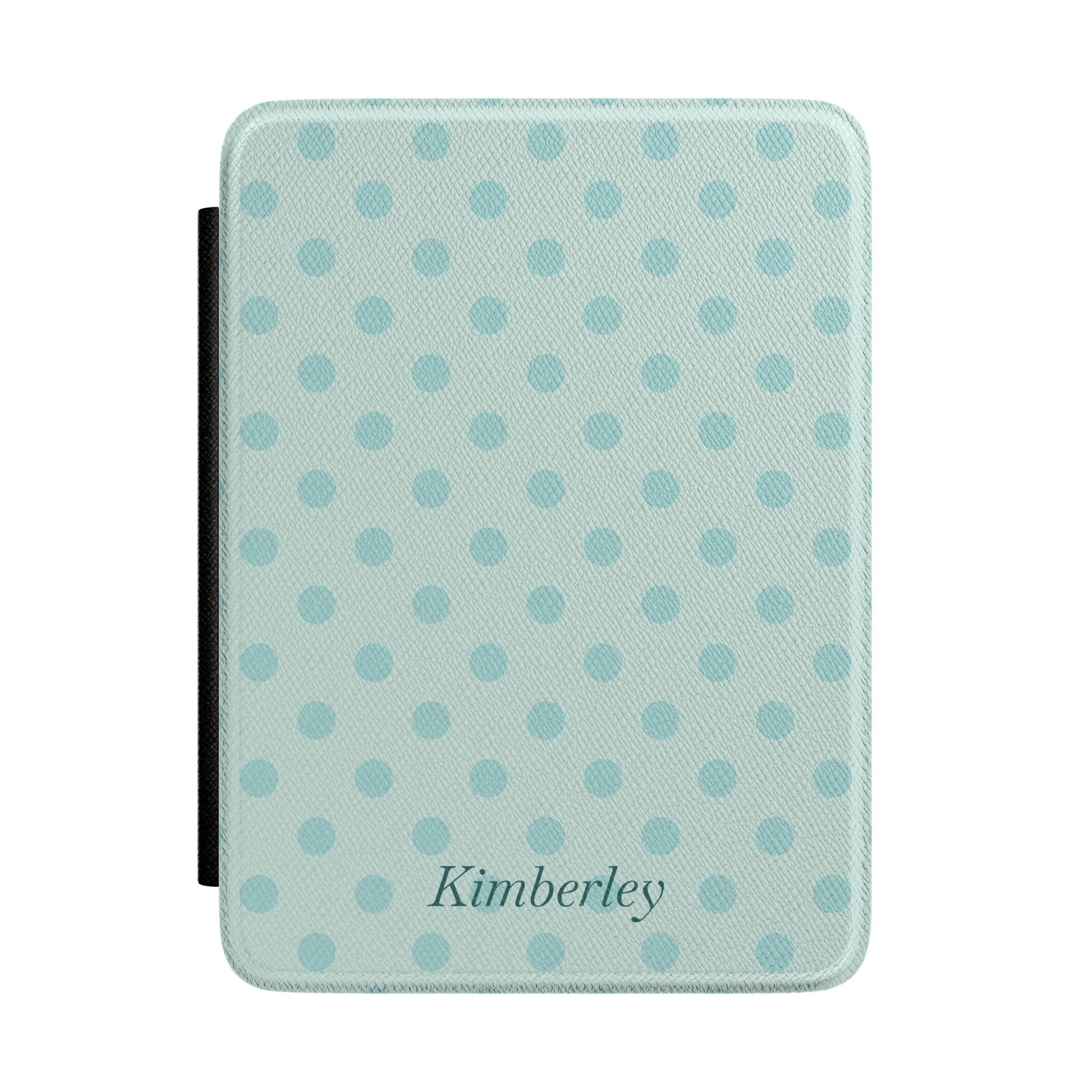 Personalized blue polka dot Kindle case with debossed name — Quiet Bookish custom gift for her
