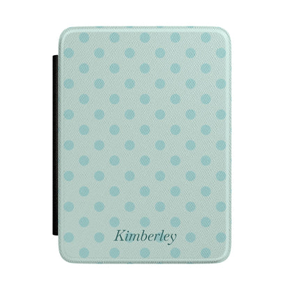 Personalized blue polka dot Kindle case with debossed name — Quiet Bookish custom gift for her