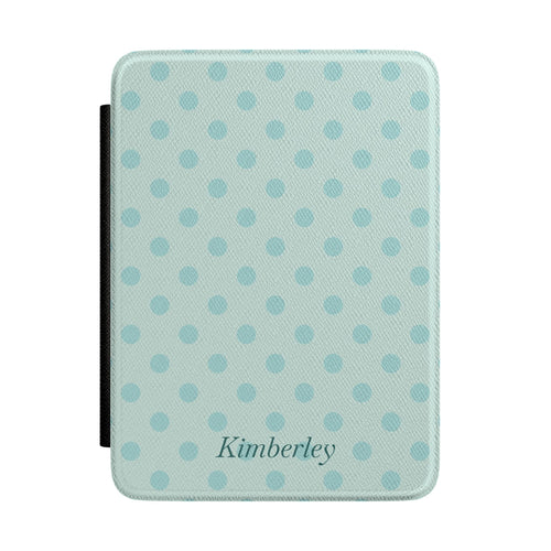 Personalized blue polka dot Kindle case with debossed name — Quiet Bookish custom gift for her