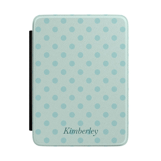 Personalized blue polka dot Kindle case with debossed name — Quiet Bookish custom gift for her