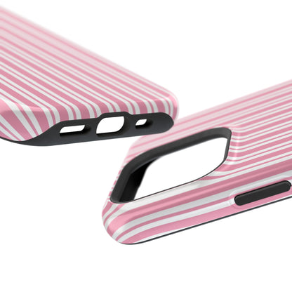 Striped pink phone case held in one hand