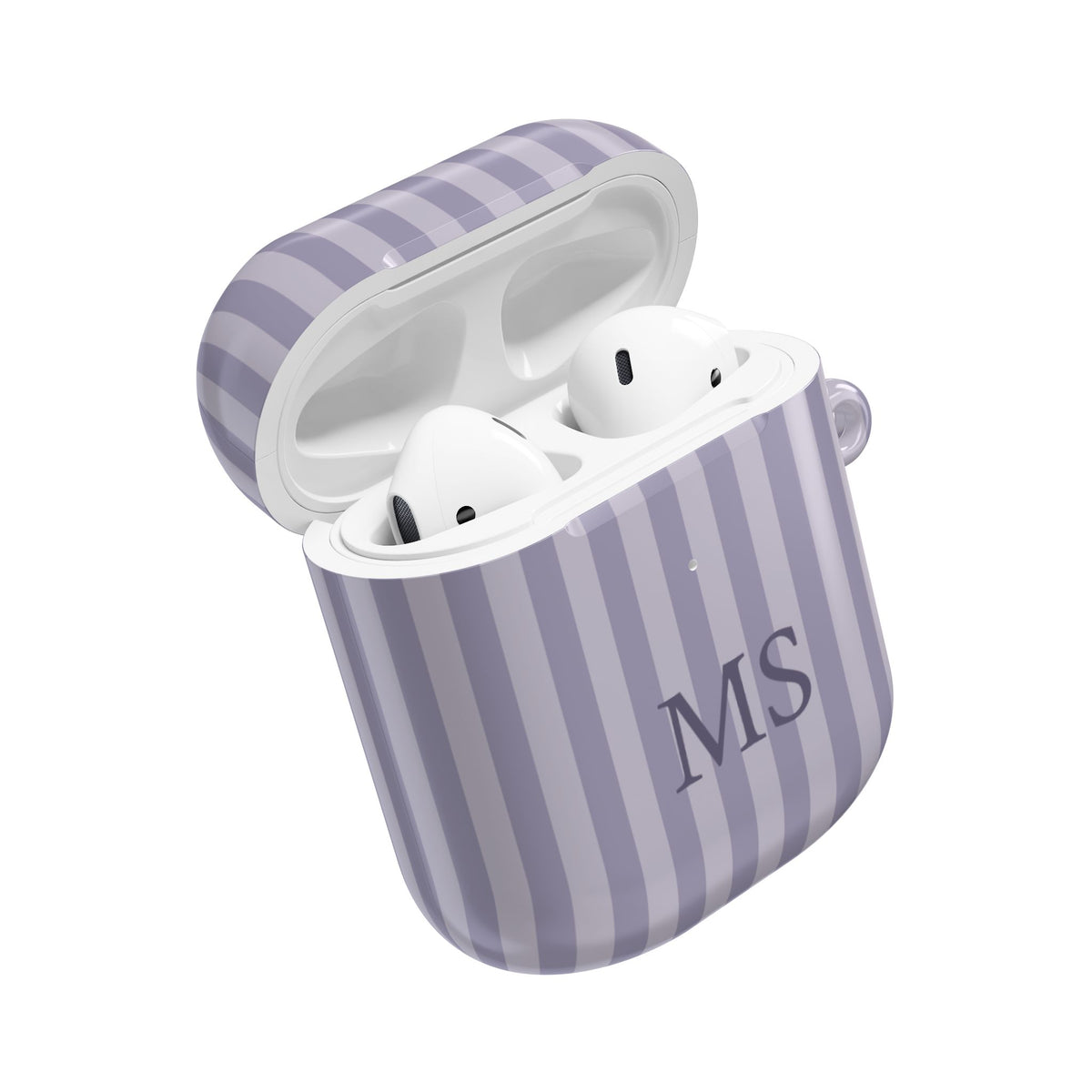 Lilac purple stripe AirPods case open with AirPods inside — custom initials