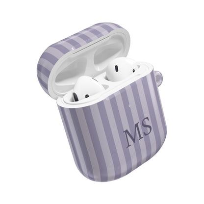 Lilac purple stripe AirPods case open with AirPods inside — custom initials
