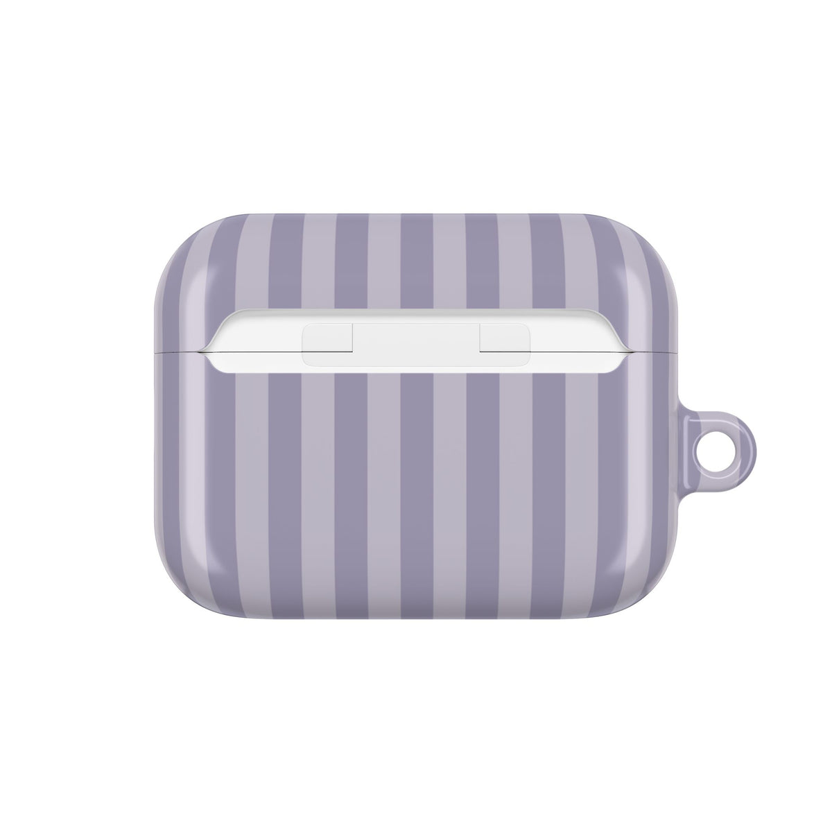 Lilac purple stripe AirPods case back — stripes wrap the lid and side walls