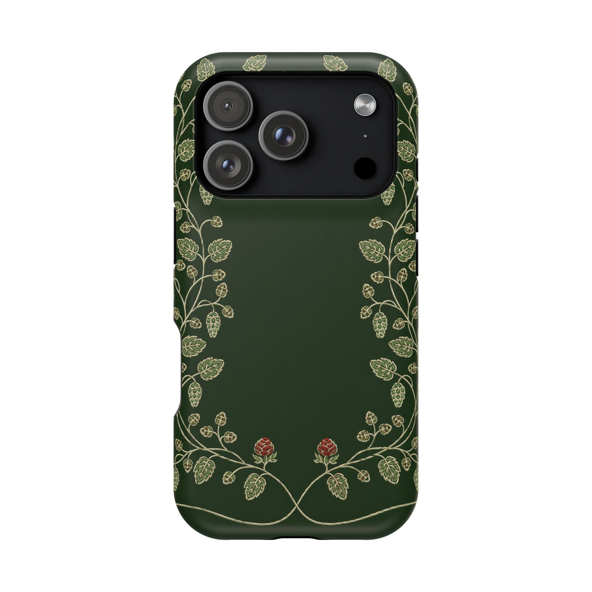 Hop Vine Wreath phone case — hop vine wreath in pale green and red on forest green, MagSafe