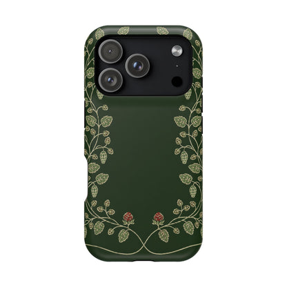 Hop Vine Wreath phone case — hop vine wreath in pale green and red on forest green, MagSafe