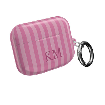Pink Stripe monogram AirPods case with carabiner clip — personalized gift