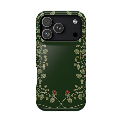 Deep green botanical phone case in hand
