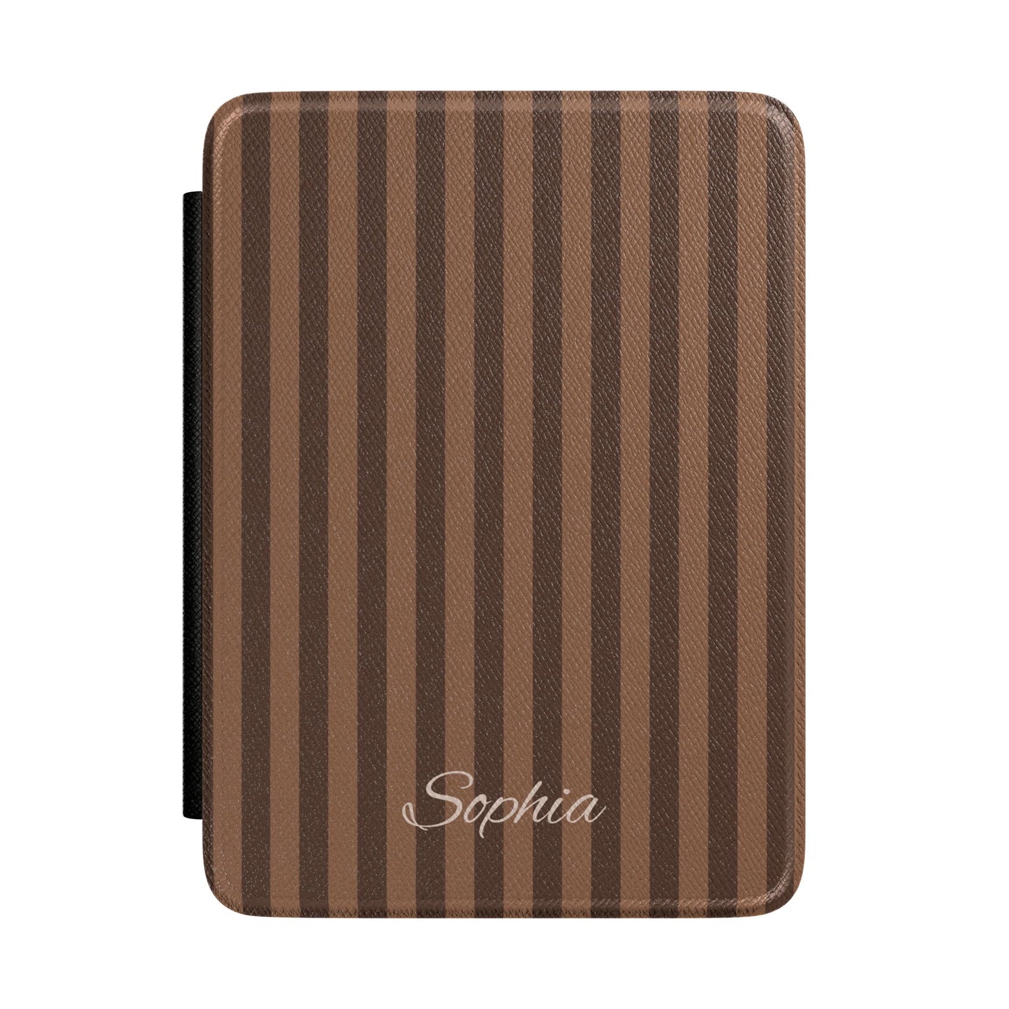 Personalized brown stripe Kindle case with debossed name — Maison Noir custom gift for her