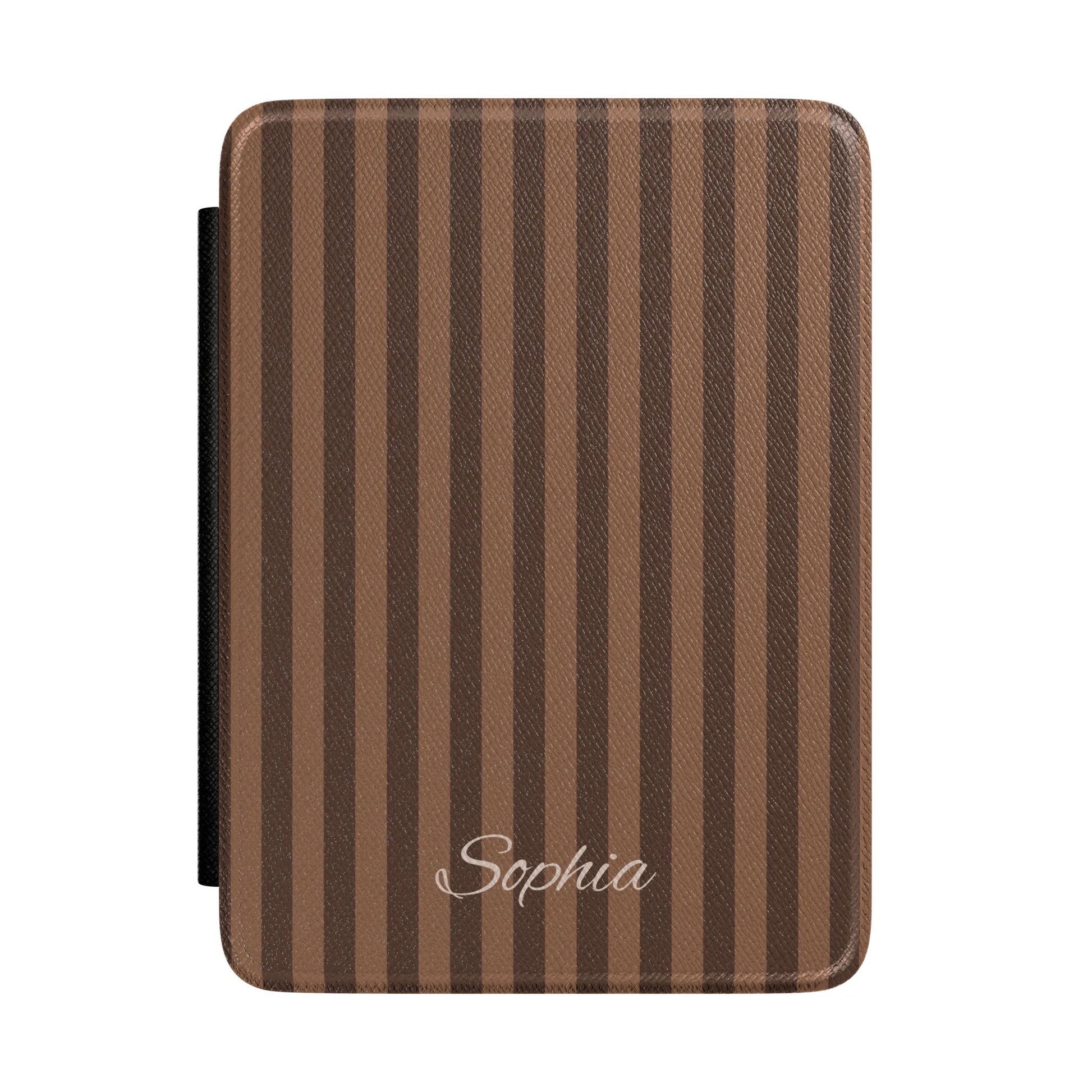 Personalized brown stripe Kindle case with debossed name — Maison Noir custom gift for her