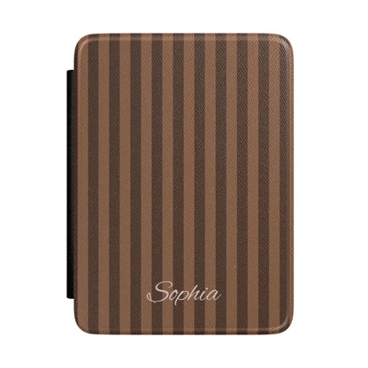 Personalized brown stripe Kindle case with debossed name — Maison Noir custom gift for her