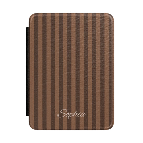 Personalized brown stripe Kindle case with debossed name — Maison Noir custom gift for her