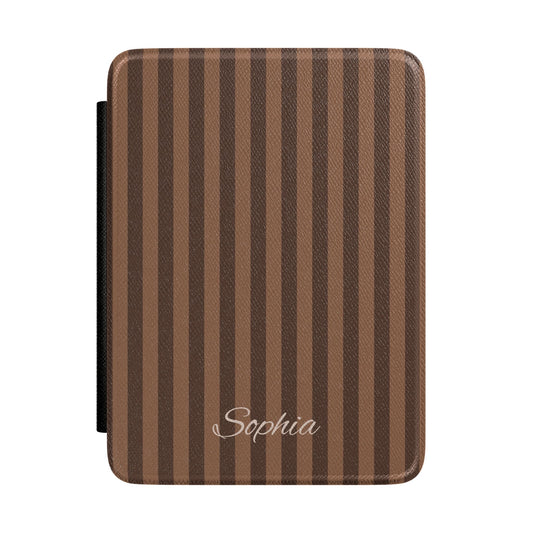 Personalized brown stripe Kindle case with debossed name — Maison Noir custom gift for her