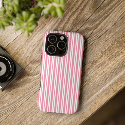 Pink Candy Stripe phone case with buttons and ports open