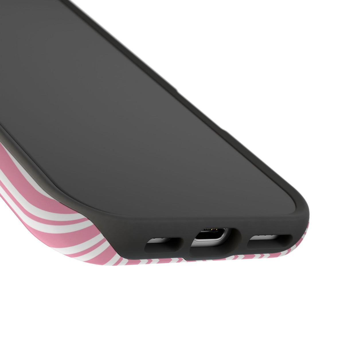 Pink Candy Stripe phone case photographed from the side