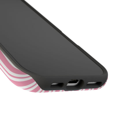 Pink Candy Stripe phone case photographed from the side