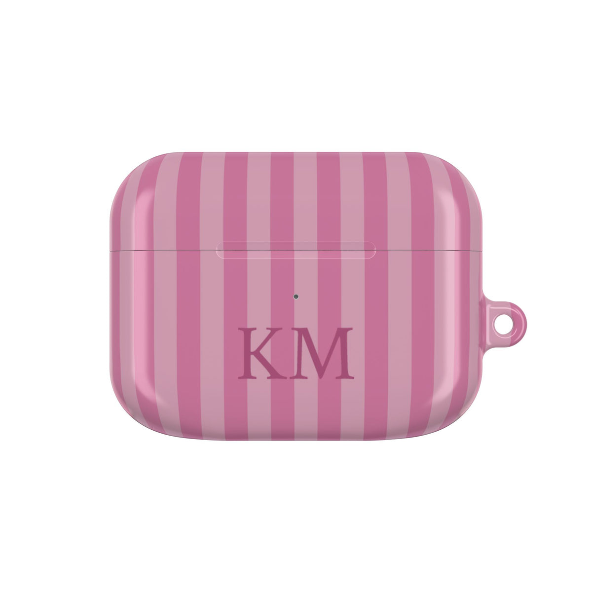 Pink Stripe monogram AirPods case — rose and blush stripes with raspberry serif initials