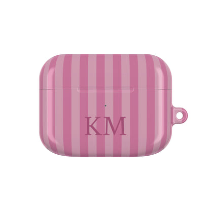 Pink Stripe monogram AirPods case — rose and blush stripes with raspberry serif initials