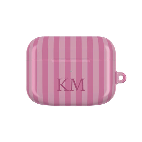 Pink Stripe monogram AirPods case — rose and blush stripes with raspberry serif initials