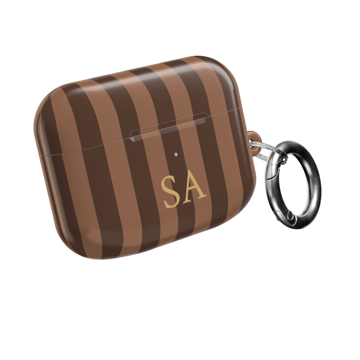 Mocha Stripe monogram AirPods case with carabiner clip — personalized gift